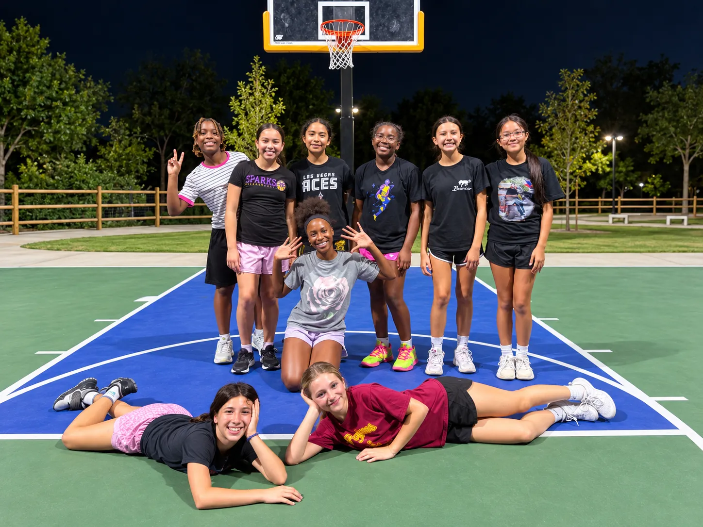 SCV Magic players smiling together under the hoop on an outdoor court at night